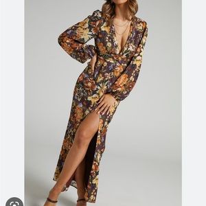 V neck balloon sleeve maxi floral brown dress Showpo